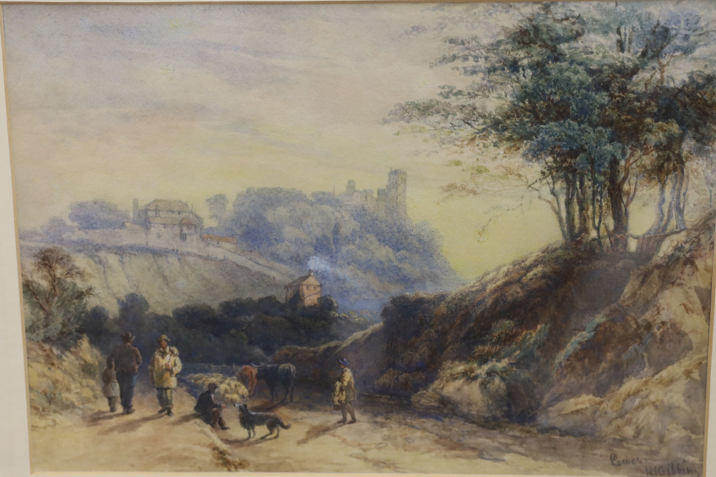 H.J. Gibbins (fl.1871-2), watercolour, 'Lewes', signed, 22 x 31cm, with two engravings of Lewes and a small print of The Pavilion at Brighton